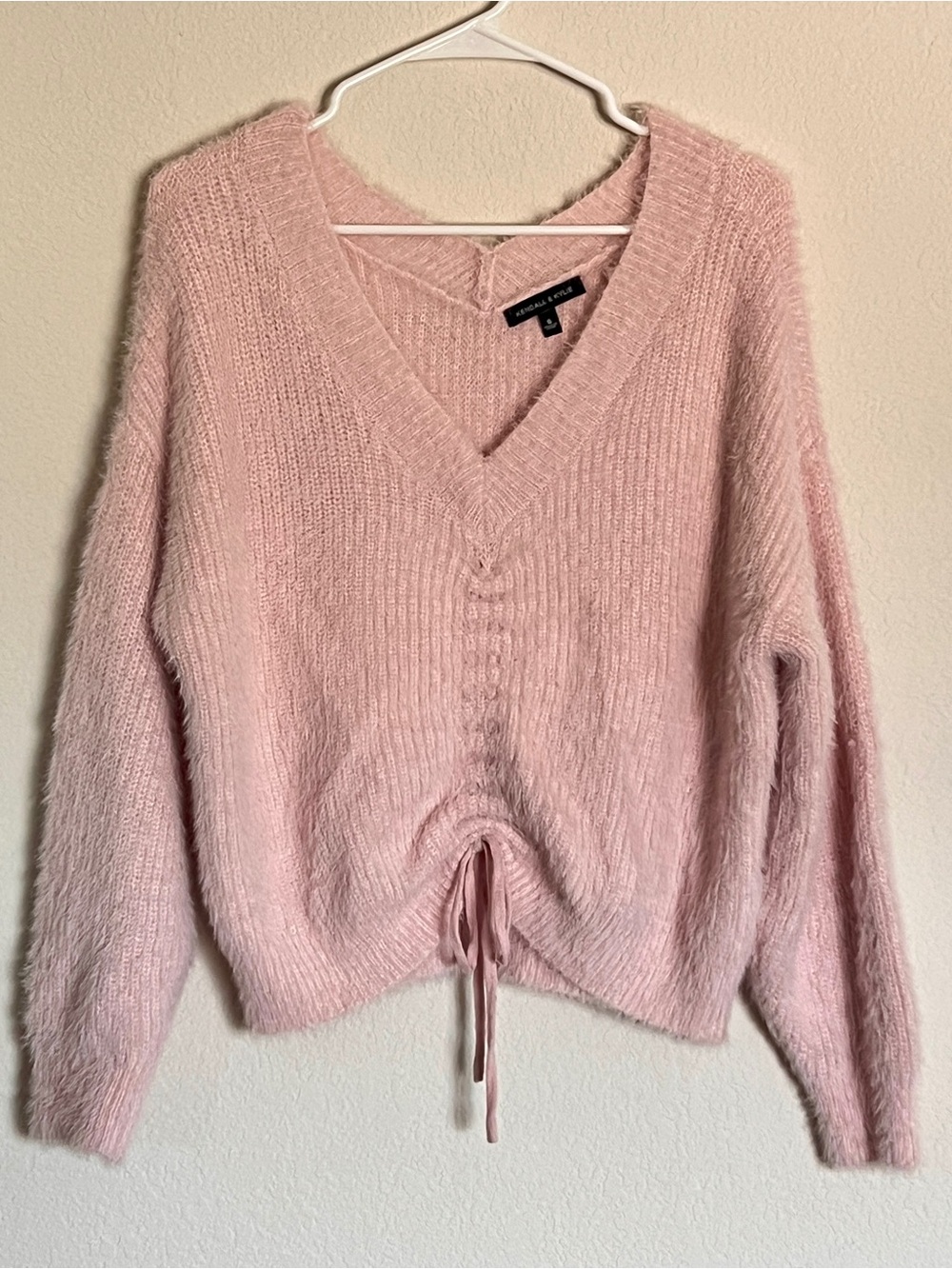Kendall & Kylie Fuzzy Light Pink Soft Rose V-Neck Cinched Drawstring Sweater